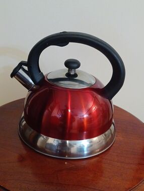 Red Stainless Steel Whistling Tea Kettle with Black Handle
